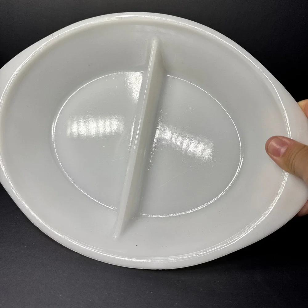 Vintage Glasbake‎ Blue Starburst Divided Serving Dish Milk Glass Oval MCM Bowl